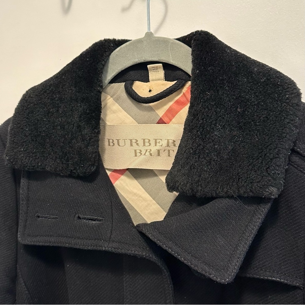 Burberry Brit Rushfield Wool Cashmere Blend Black Trench Coat 4 Shearling Collar - Picture 11 of 16